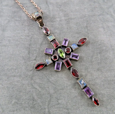 Nicky Butler Sterling Silver Necklace Cross Pendant Garnet Amethyst Gems 121f - Image 1 of 4