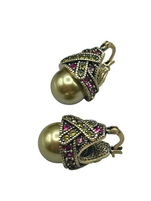 HEIDI DAUS Green Color Ball Earrings Crystals Art Deco Inspired Pierced Hoop - Image 1 of 4