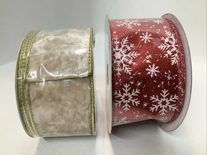 Lot 2 Christmas Wired Edge Ribbon-2 1/2"-Champagne 10 Yds-Red Snowflake 25 Yds - Picture 1 of 6
