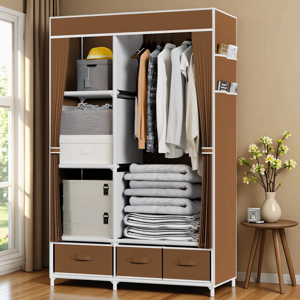 便携式壁橱收纳卧室衣柜带3个抽屉4个搁板衣服存储 — 第 1/1 张图片