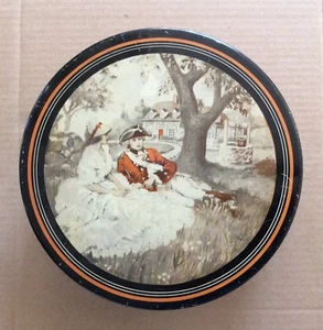 Vintage Metal Empty Tin Box Container Man & Woman In Village Design 8 1/4” Dia - Picture 1 of 9