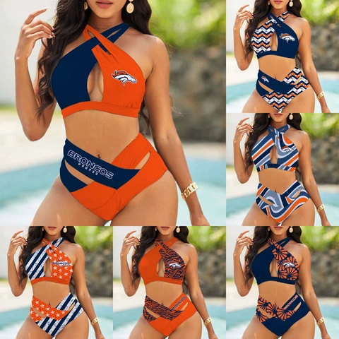 Denver Broncos Womens 2PCS Halter Bikini Set Criss Cross High Waisted Swimsuit Cover