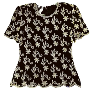 NEW STENAY Top 100% Silk Vtg S Holiday Gold Silver Metallic Beads Scallops Event - Picture 1 of 10