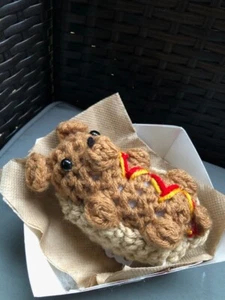 Handmade Crocheted 'Hot Dog' In Basket, Puppy , Dog Decor - Picture 1 of 3