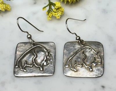 Sterling Silver 925 Studio Cast Buffalo Petroglyph Tablet Hook Dangle Earrings - Image 1 of 4