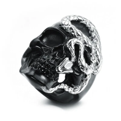 Vintage Black Skull Silver Snake Ring Stainless Steel Gothic Men's Biker Ring - Image 1 of 4