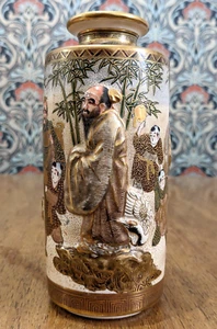 19th Century Japanese Meiji Antique Raised Deity Crane Satsuma Pottery Vase 19cm - Picture 1 of 17