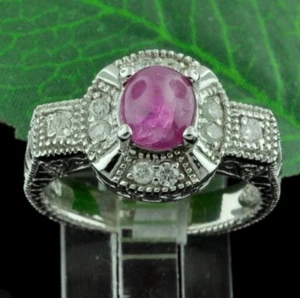 Diamante natural de oro blanco macizo de 14k y anillo de rubí Cabochon 1.29 ct - Imagen 1 de 6