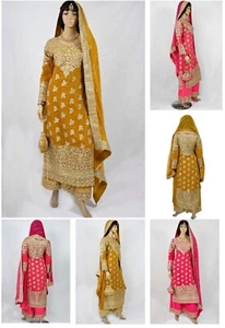 Mehndi Bride Palazzo Salwar Kameez Anzug SENF ROSA Hochzeit Party Wear Potli TASCHE - Bild 1 von 18
