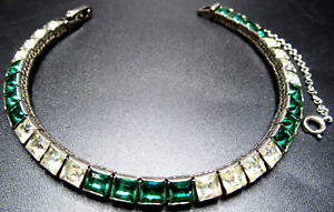 Sterling Silver Art Deco Green & Ice Square Cut Rhinestone Antique Bracelet