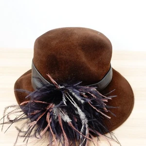 Vintage DEBORAH RHODES Hat Brown Leather Felt Feather Fascinator Bucket Cloche - Picture 1 of 11
