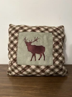 Woolrich Sherpa/faux suede Deer Stag Plaid Throw Accent Pillow Green Brown - Image 1 of 3