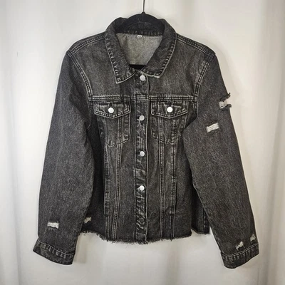 Chaqueta de mezclilla negra envejecida oscura lavada chaqueta de jean de gran tamaño para mujer Plus 2XL Foto 1 de 4