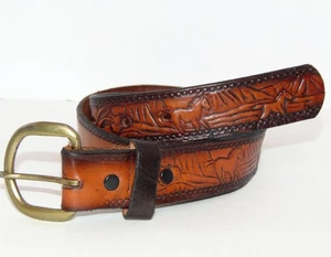 Vintage 1970s Tooled Leather Belt Horse Western Scene Brass Buckle 34" - Women’s - Bild 1 von 9