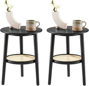 Set 2 tavolini laterali rotondi con contenitore, comodino comodino in rattan nero, S - Foto 1 di 8
