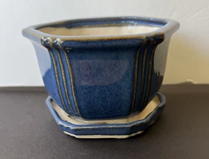 Vintage Blue Japan Bonsai Hexagon Pot & Saucer Tray Small 4" x 2.75" - Picture 1 of 10