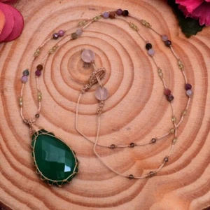 Natural Green Onyx Checker Cut Top Quality Boho Handmade Macrame Beaded Necklace - Picture 1 of 9