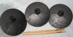 Alesis Cymbal Pads x3 HH Crash Ride 2 single 1 strozzatore con pali + bastoncini Zildjian - Foto 1 di 6