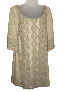 Vestido Vaina Eci New York 100% Lino Bordado Beige Talla 4 Adornado Artístico - Imagen 1 de 13