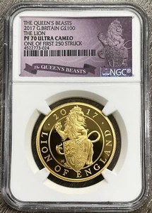 2017 Great Britain £100 Queen's Beasts Lion Gold Proof NGC PF70 UCAM w/ Box &COA - Picture 1 of 8