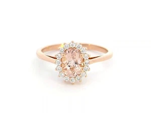 18K Rose Gold Morganite and Diamond Princess Diana-Inspired Halo Ring - Picture 1 of 5