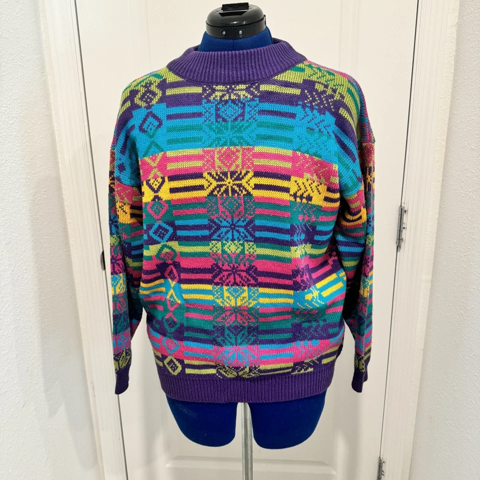 Women’s Vtg Retro Pull Over Sweater Size Medium  80s 90s Colorful Retro Rainbow - Image 1 of 4