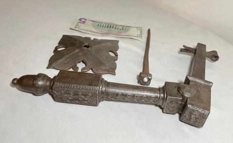 HUGE rare antique 18th century solid hand wrought iron front door knocker arm Cover