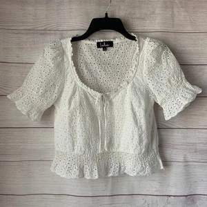 Lulus Sweet Sunshine Crop Top weiß Ösen Spitze Puffärmel Bindeband Gr. S - Bild 1 von 11