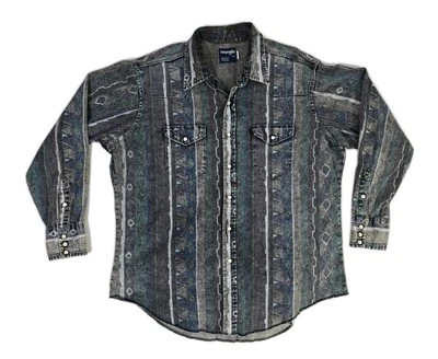 Camisa a Presión Vintage Wrangler Lavado Ácido Denim Southwestern Pearl Hombres 18-35 Ajuste Regular Foto 1 de 4