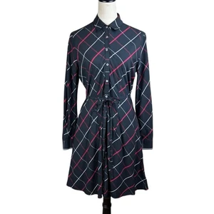 UNTUCKit 6 Kris Black Red Argyle Plaid Long Sleeve Fit & Flare Belted Shirtdress - Picture 1 of 14