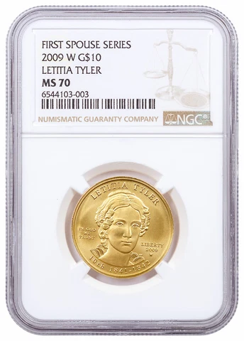 2009 W Letitia Tyler First Spouse Gold Coin $10 NGC MS70 Brown Label Cover