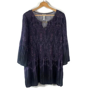 Catherines Womens Tunic Top Size 3X Purple Damask Pleated Sheer 3/4 Sleeve Chain - Picture 1 of 9