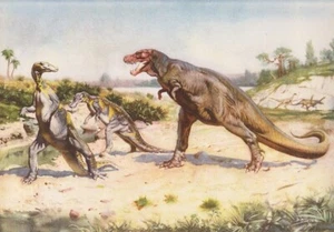 USA Montana TRACHODON AND TYRANNOSAURUS Color Print By Z Burian 1963 VF 9x13" - Picture 1 of 3