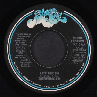 RICK DERRINGER: let me in / mono BLUE SKY 7" Single 45 RPM Foto 1 de 2