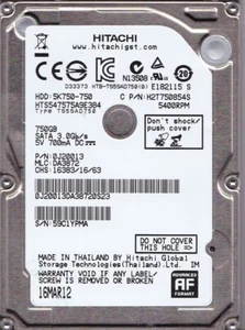 Hitachi HTS547575A9E384 p/n: 0J20013 mlc: DA3872 MAR/2012 750 GB SATA C13-11 - Imagen 1 de 4