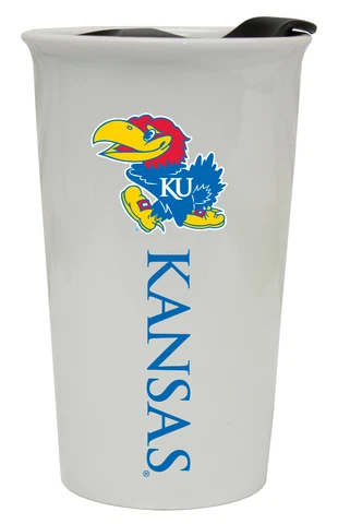 KANSAS JAYHAWKS 12OZ CERAMIC TUMBLER-KANSAS TRAVEL MUG w/ LID Cover