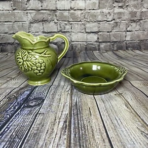 Vintage Ceramic Green Creamer/Pitcher Made in Japan 5" With Base Plate - Picture 1 of 4