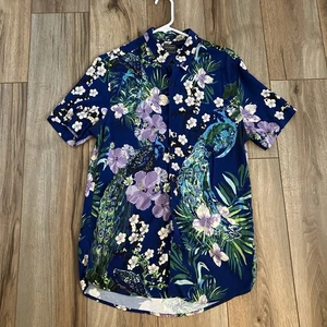 GUESS MENS SHIRT M SLIM FIT 100% VISCOSE RAYON PEACOCK SS FLORAL PRINT - Picture 1 of 7
