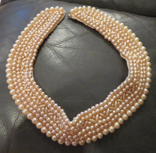 OFF WHITE Collana Colletto Finte Perle Vintage Beige Bianco Fuoco con Perline Bugle e Schieno Satinato