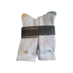 Men's Quiksilver White Crew Socks 5 Prs Size 6-12 NWT Yellow Blue Black Toe Heel - Picture 1 of 4