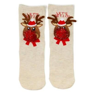 Pop and Posh Youth Girls One Size Christmas Reindeer Pom Pom Socks Lets Get Lit - Picture 1 of 6