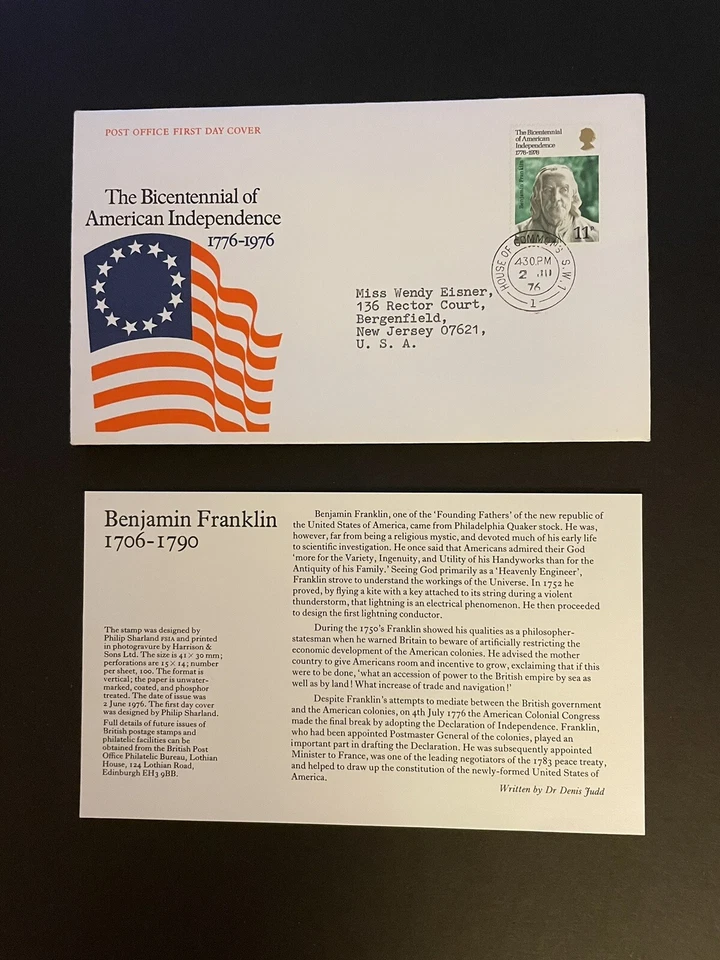 Great Britain 1976 FDC +American Independence Franklin +US Flag Cachet +Card - Image 1 of 1