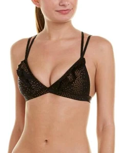 PilyQ Gold Metallic Ruffle Tri Bikini Top Black Size S - Picture 1 of 2