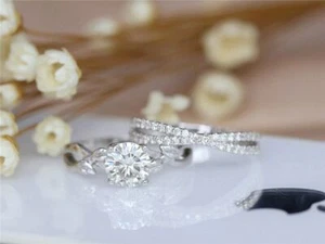 14k White Gold Plated 2.30 Ctw Round Cut Moissanite Matching Engagement Ring Set - Picture 1 of 10
