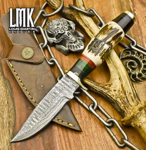 LMK Forged Hunting Skinner Knife Ladder Damascus Stag Antler Brass Guard Hunter - Picture 1 of 9