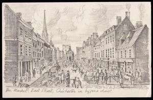 Market East Street Chichester In By Gone Days Sussex Pencil Sketch Postcard - Picture 1 of 2