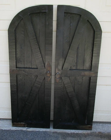 Pair of vintage inspired round top barn doors with hardware wall decor Cover