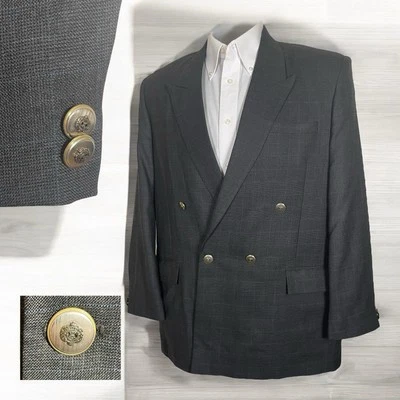 Blazer Chaqueta Para Hombre 44R Gris Cuadros Lana Latón Metal Botones Doble Pecho Pico Foto 1 de 4