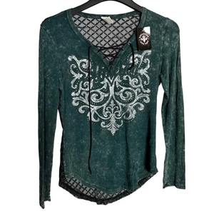 Affliction NWT Women's Lighten Lace-Up Top, Size Medium. Dark Green Lava Wash - Picture 1 of 9