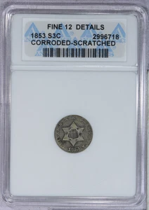 1853 Three Cent Silver 3CS ANACS F12 Details - Old Holder Nice Coin! - Picture 1 of 4